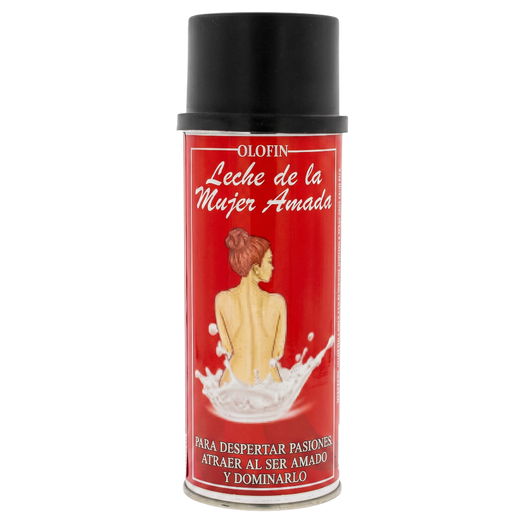 A can of Olofin 'Leche de la Mujer Amada' on a plain white background. The product is a red aerosol can with a black cap, featuring a label with a woman's back and a splash of white milk.