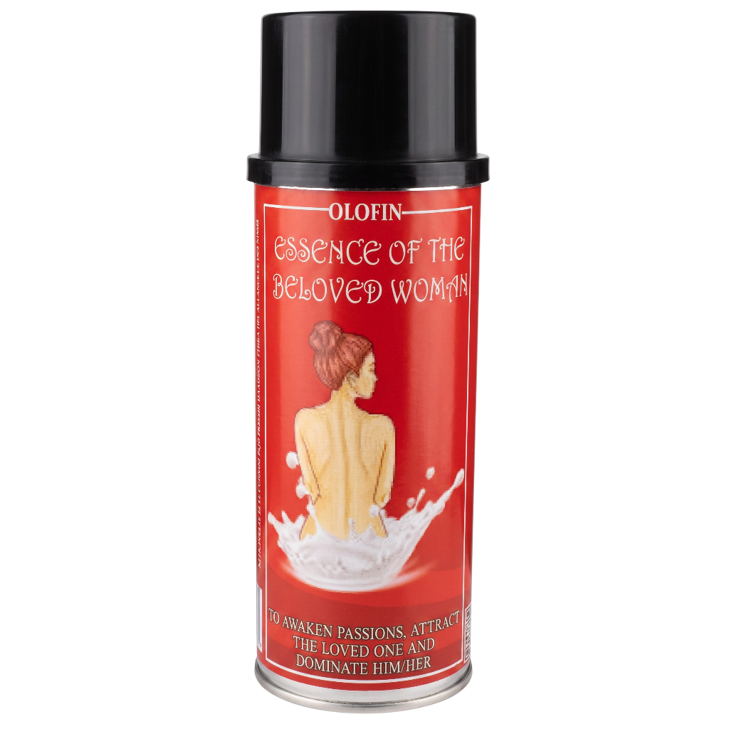 A red cylindrical spray bottle with a black cap, labeled 'OLOFIN essence of the beloved woman', featuring an illustration of a woman's back on a white background.