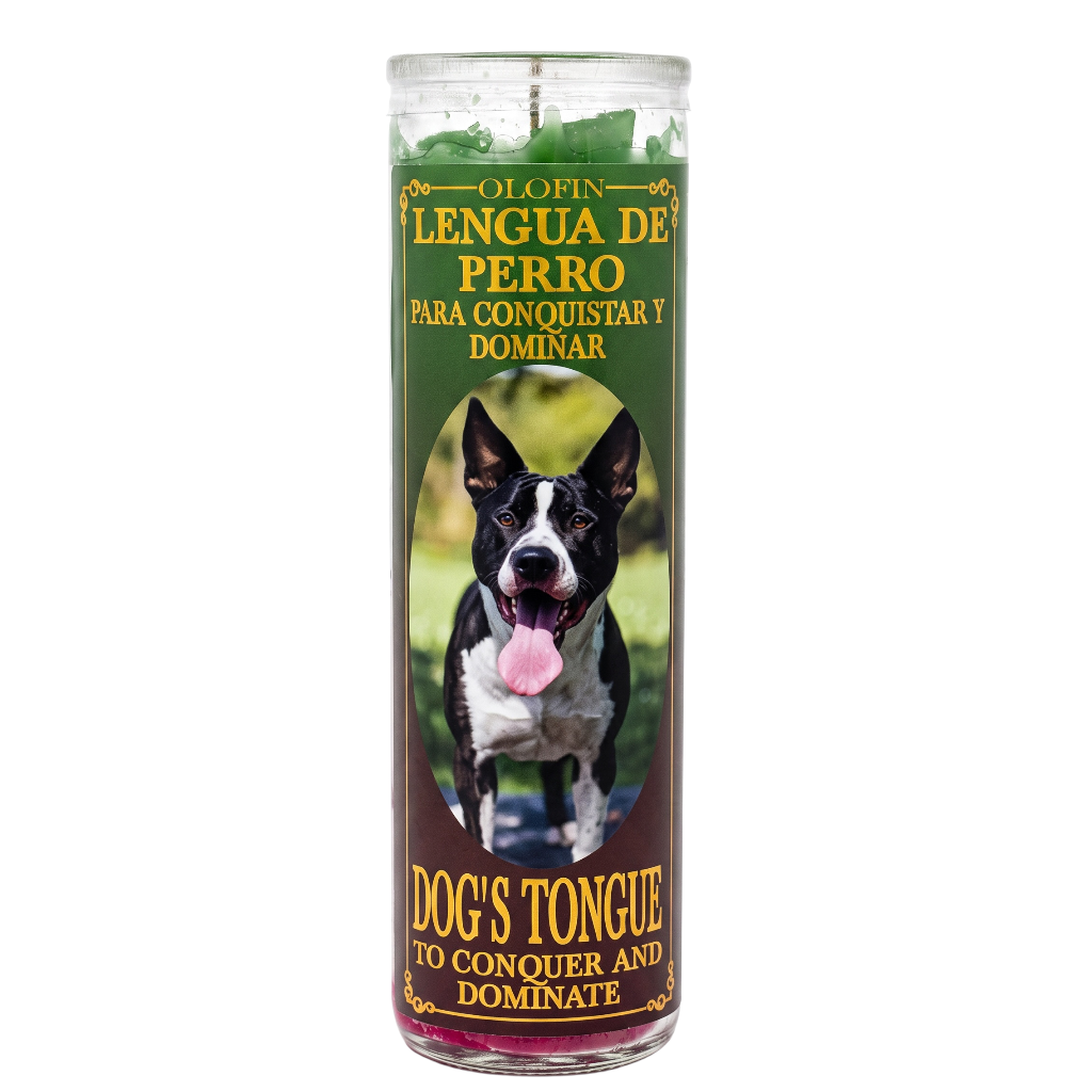 A tall glass prayer candle with a green and brown label featuring a photo of a black-and-white dog and Spanish text reading 'Lengua de Perro' and 'Dog's Tongue to Conquer and Dominate.'.