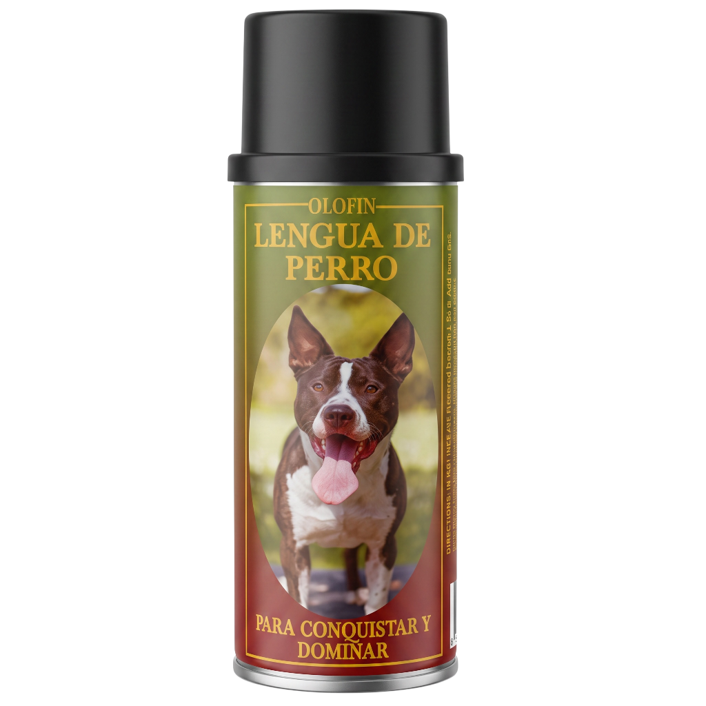 A can of Olofin Lengua de Perro dog training spray, featuring a black cap and a label with a brown and white dog on a green and red gradient background.
