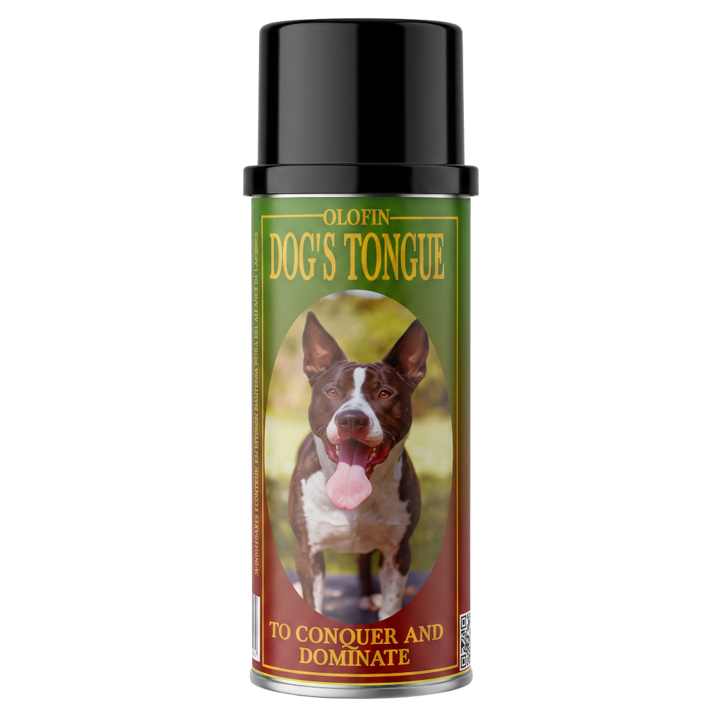 A can of Olofin Dog's Tongue spray with a black cap and a label featuring a brown and white dog on a green and brown gradient background.