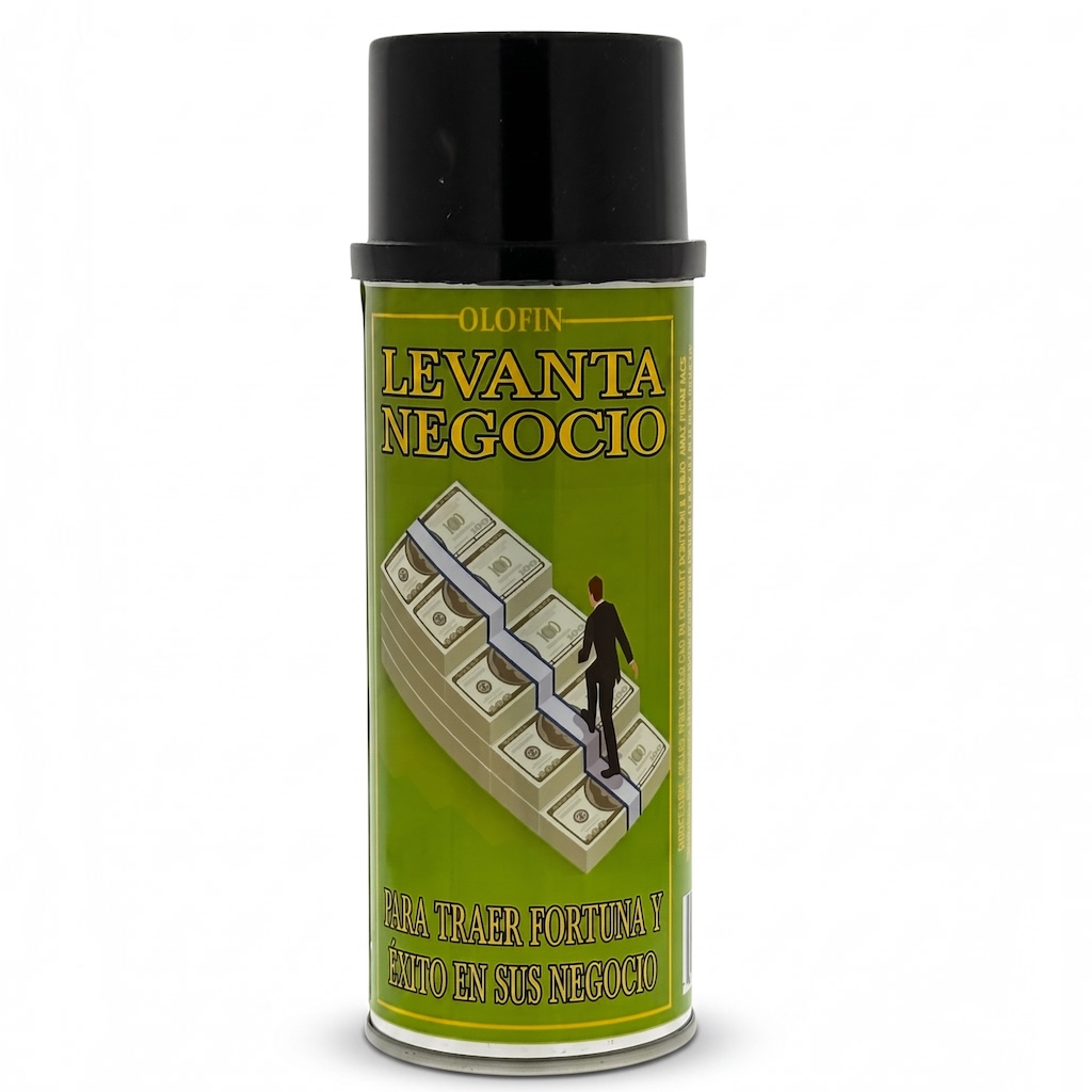 A single aerosol can spray labeled 'OLOFIN LEVANTA NEGOCIO' with a black cap and olive-green label, shown on a plain white background.