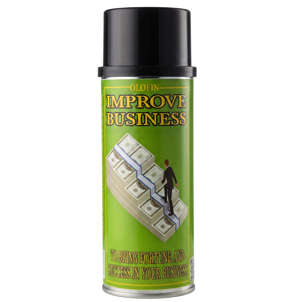 A single aerosol spray can on a plain white background. The can has a black cap and a bright green label with the text 'OLOFIN IMPROVE BUSINESS' and an illustration of stacked cash with a businessman walking up the stairs.