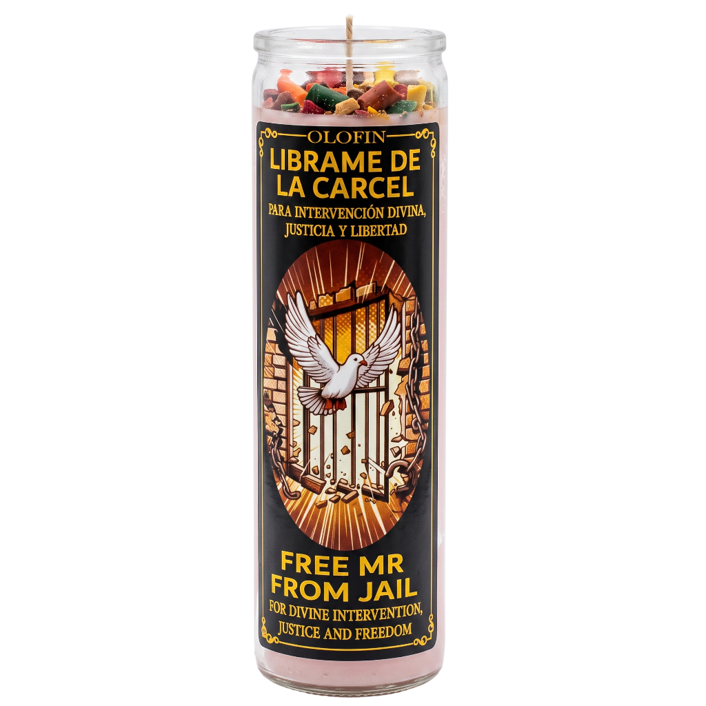 A tall glass prayer candle with a black label featuring a white dove in front of a barred cage and the text 'OLOFIN LIBRAME DE LA CARCEL' and 'FREE MR FROM JAIL'. The candle is filled with multicolored wax at the top and photographed on a plain white background.