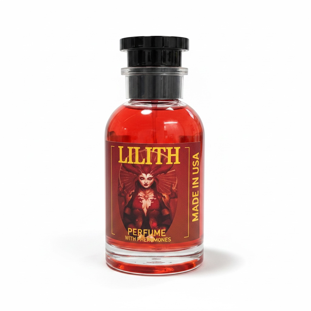 Perfume bottle labeled 'Lilith' with a red label on a white background