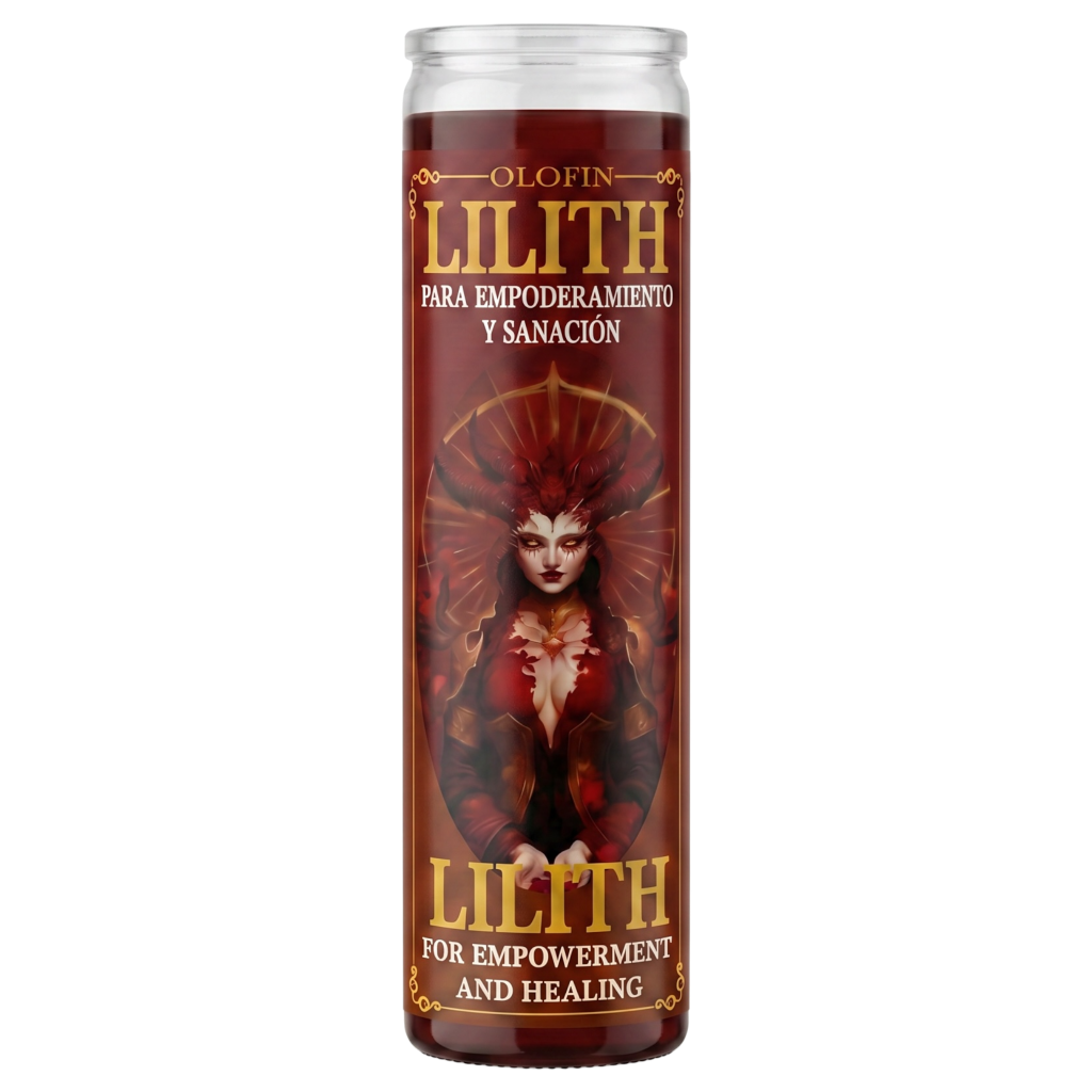 A tall glass jar candle labeled 'Olofin Lilith' with Spanish and English text, featuring a dark red label with an illustrated female figure and gold lettering, shown on a plain white background.
