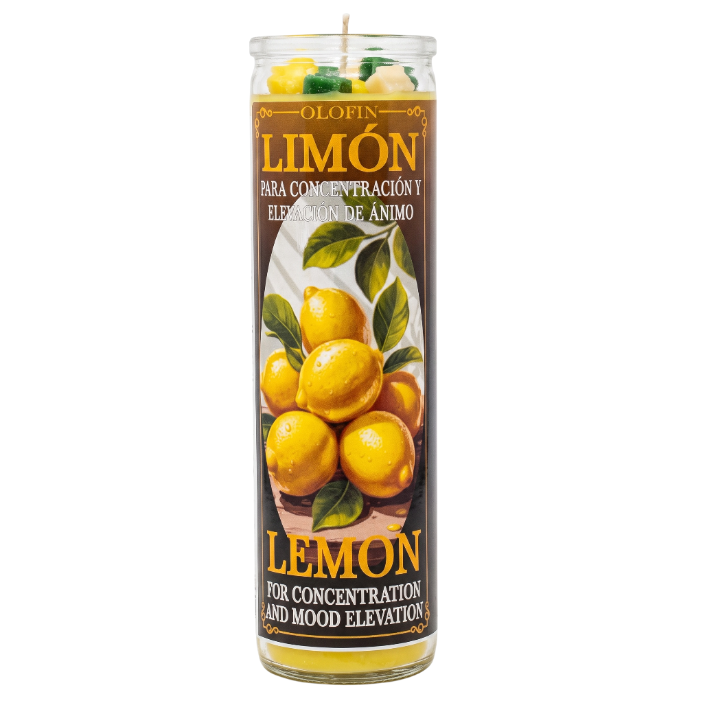 A tall glass jar candle labeled 'Olofin Limón' with lemon illustrations on the front, shown against a plain white background.