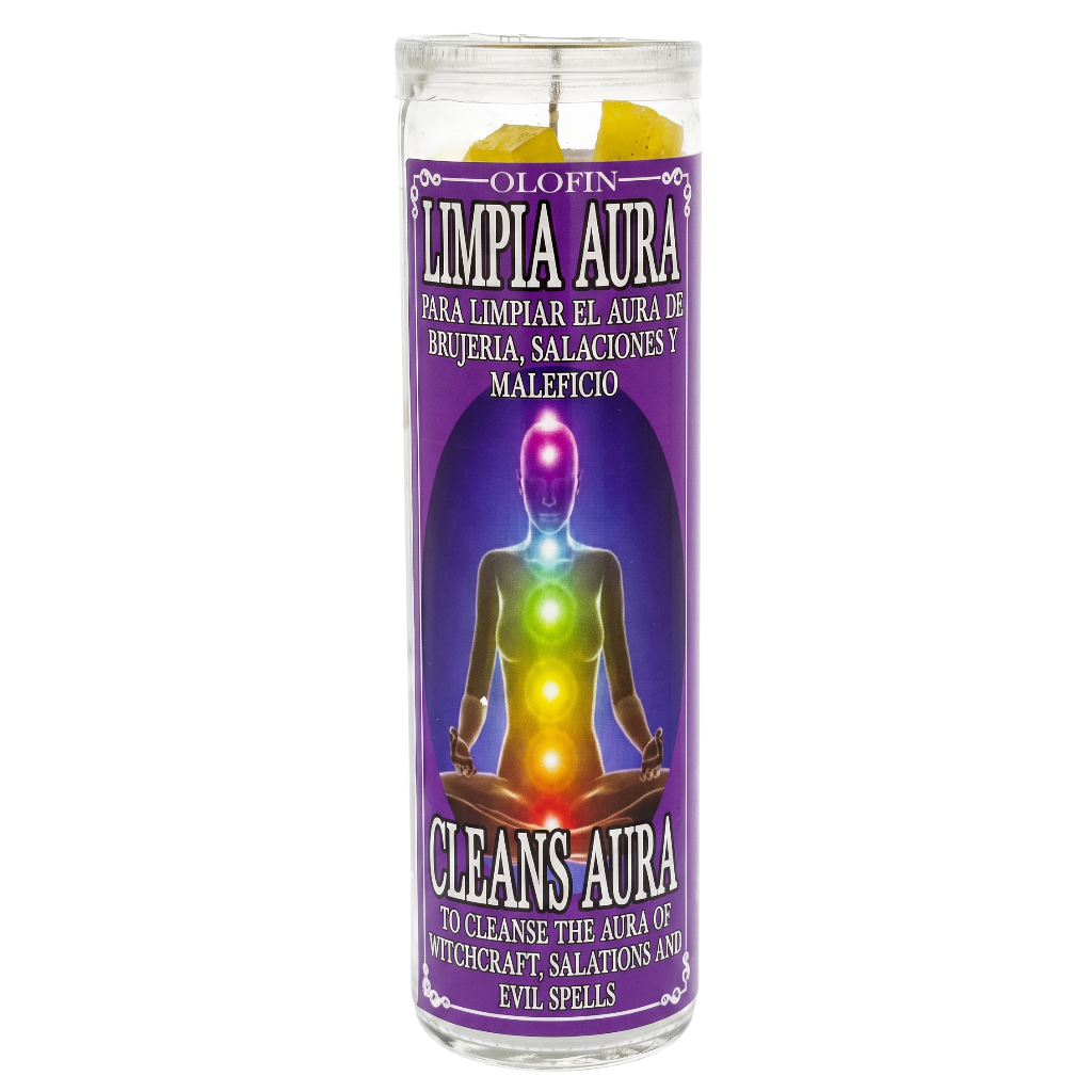 A glass jar candle with a purple label reading 'OLOFIN LIMPIA AURA CLEANS AURA' and showing a meditating figure with glowing chakras, photographed on a white background.