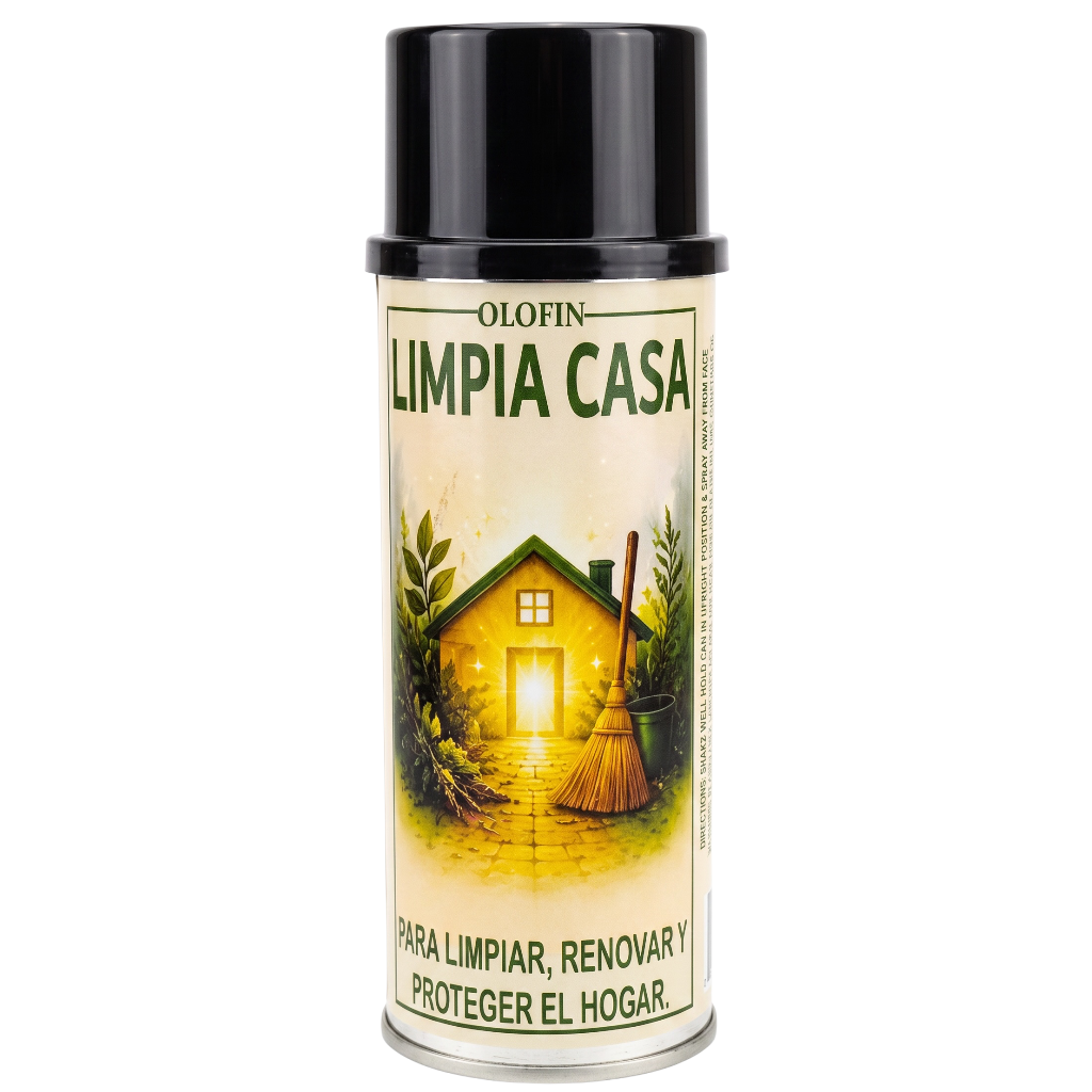A can of Olofin Limpia Casa household cleaning spray with a black cap and a cream-colored label featuring a house illustration.