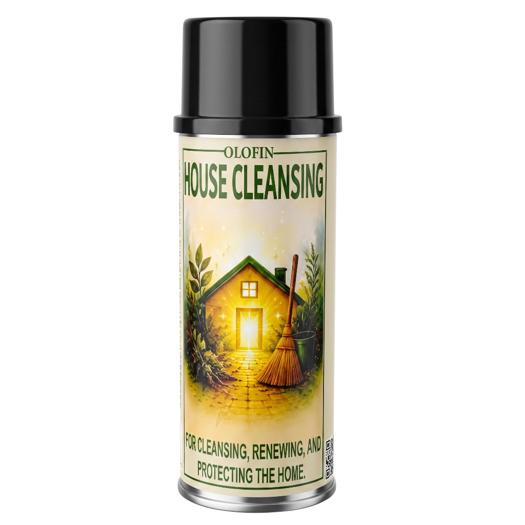 A can of Olofin House Cleansing spray with a black cap and a cream-colored label featuring an illustration of a house and a broom.