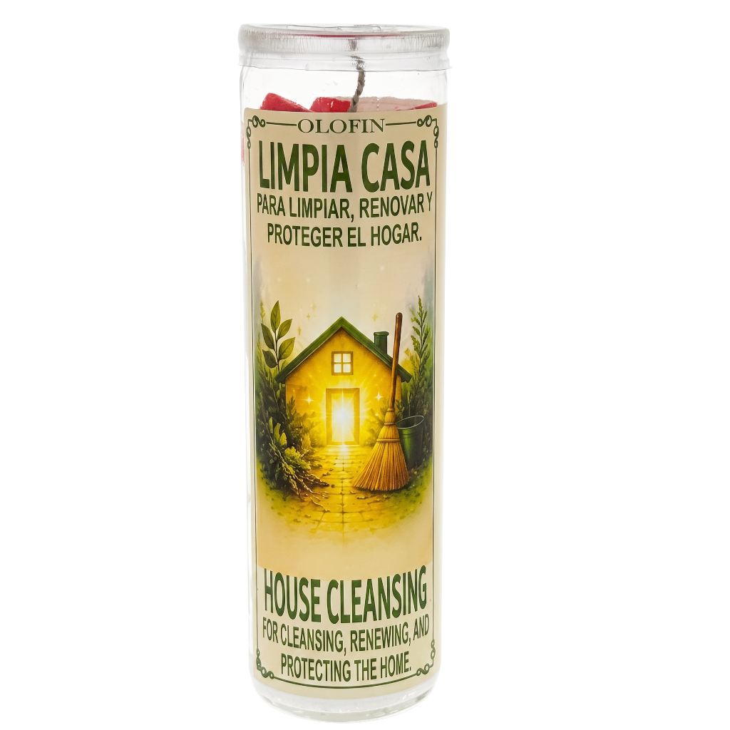 A tall clear glass jar candle with a white wax fill and a printed label reading 'OLOFIN LIMPIA CASA' and 'HOUSE CLEANSING.' The label shows a small house illustration with green text and a wick at the top, photographed on a plain white background.