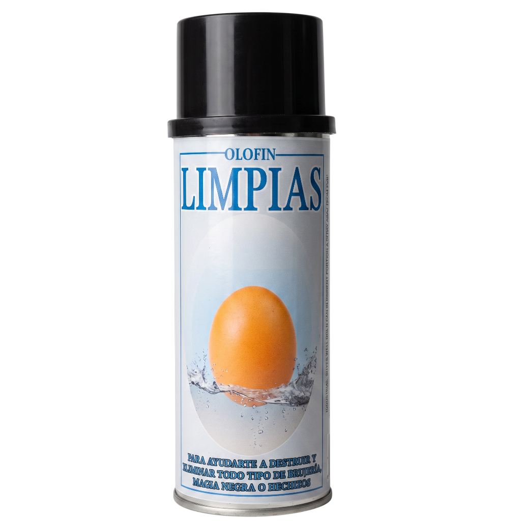A can of Olofin Limpias cleaning spray with a black cap and a white label featuring blue text and an orange egg graphic, isolated on a white background.