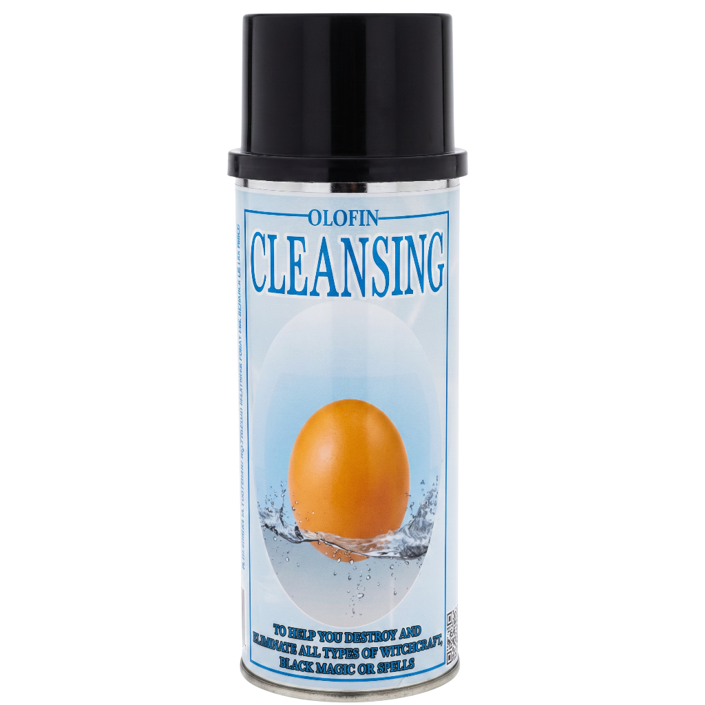 A can of Olofin Cleansing spray with a black cap and a white label featuring blue text and an orange egg graphic, isolated on a white background.