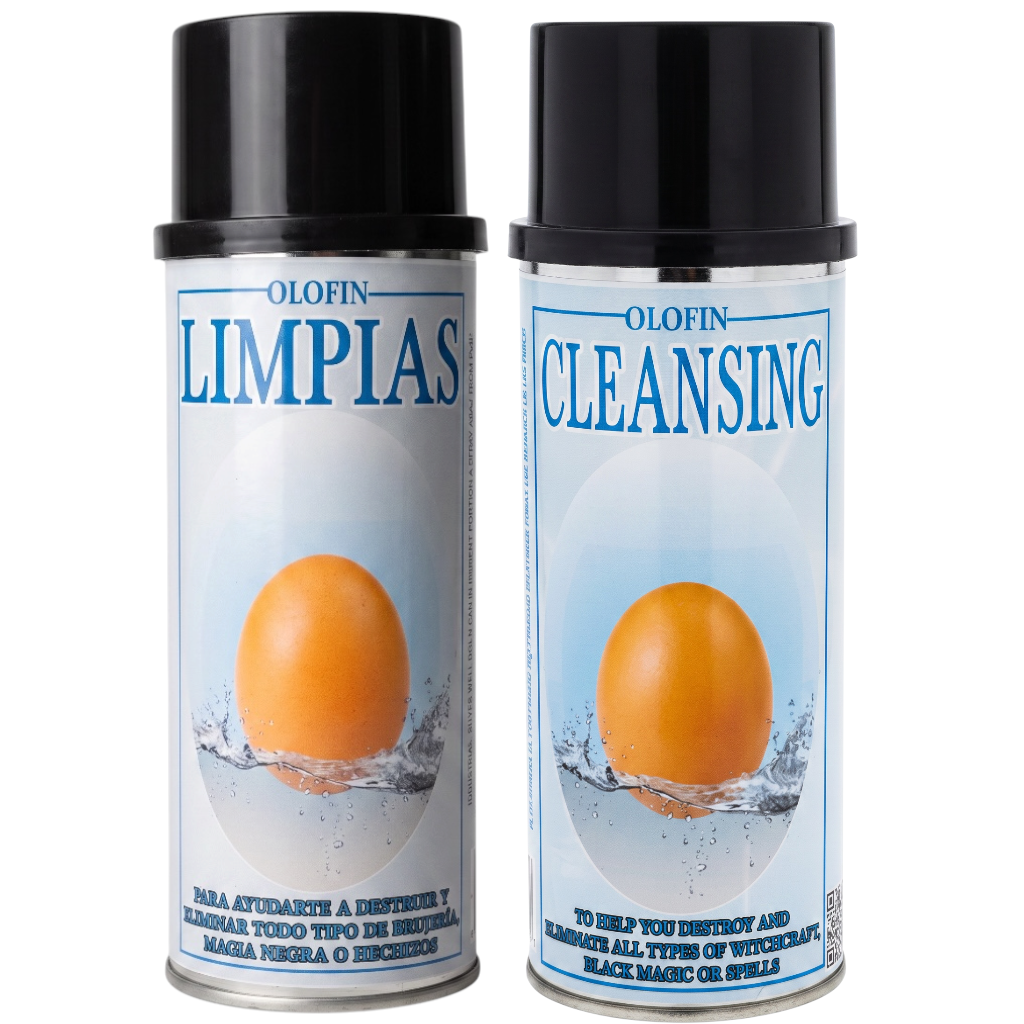 Two Olofin Limpias Cleansing spray cans with black caps and white labels featuring a blue egg graphic, shown side-by-side on a white background.