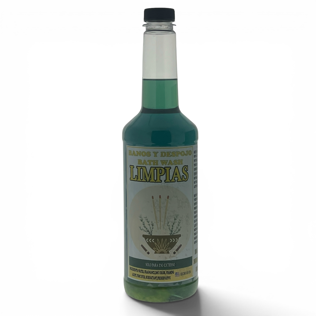 A bottle of Limpias Bath Wash with a black cap, featuring a green liquid and a cream-colored label with Spanish text.