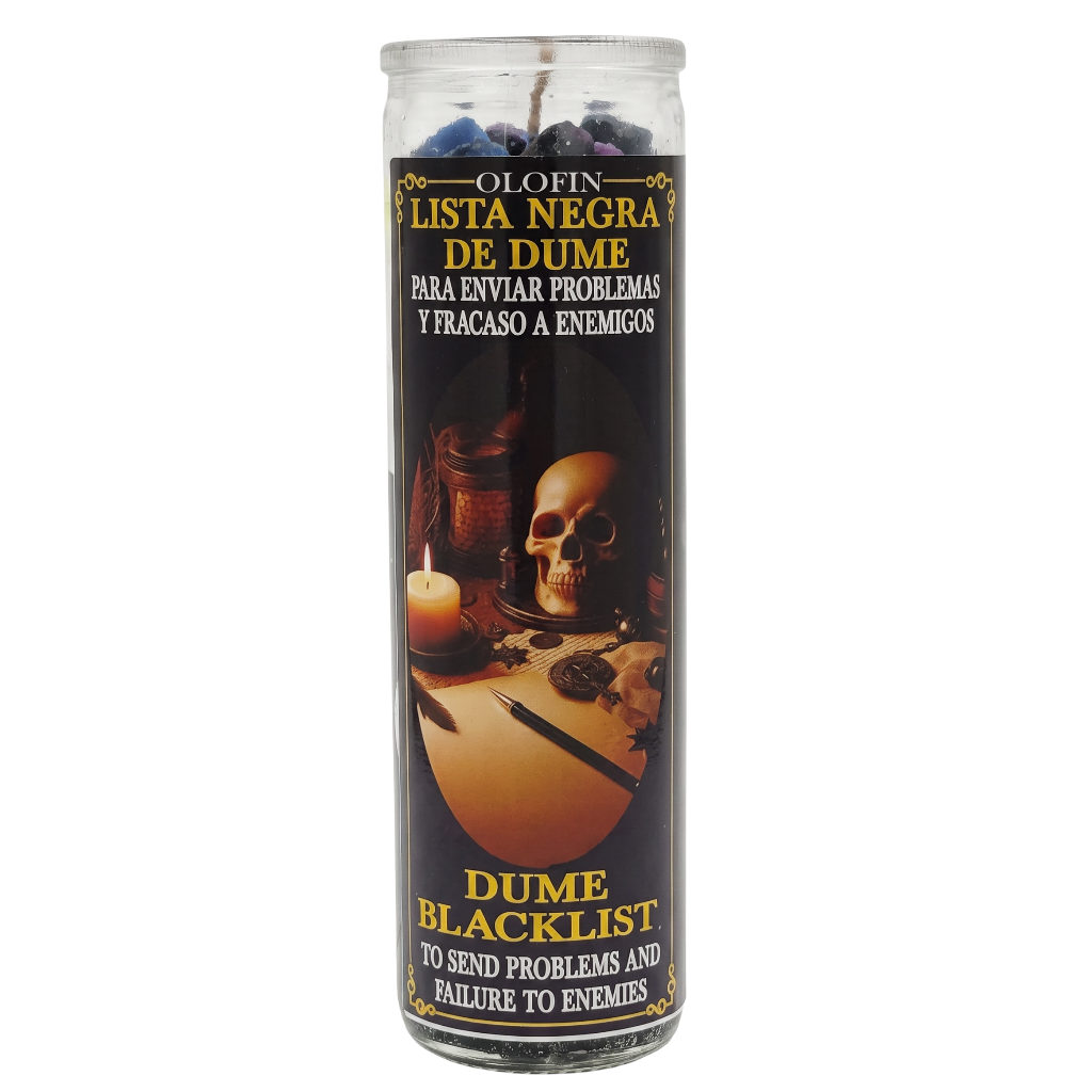 A tall glass jar candle with a black label featuring a skull, candle, and occult-style illustration. The label reads 'Olofin Lista Negra de Dume' and 'Dume Blacklist' in yellow and white text.