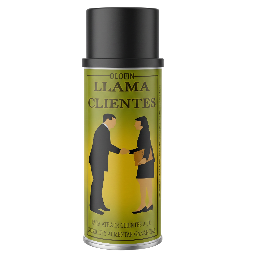 A silver aerosol can with a black cap and a yellow-green label reading 'OLOFIN LLAMA CLIENTES' with silhouettes of a man and woman shaking hands, on a plain white background.