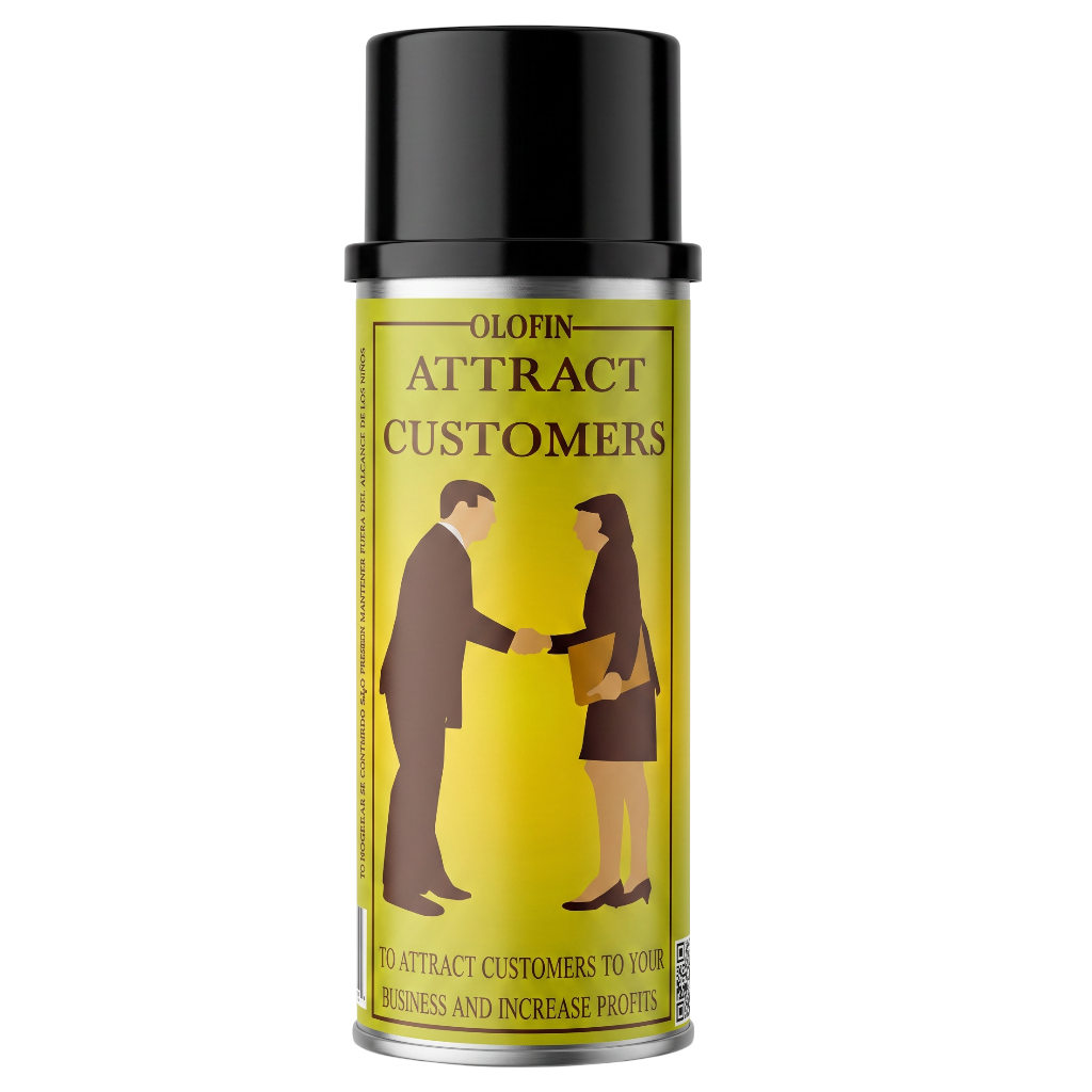 A novelty aerosol spray can with a black cap and silver base, featuring a bright yellow label that reads 'OLOFIN ATTRACT CUSTOMERS' with an illustration of a business handshake.