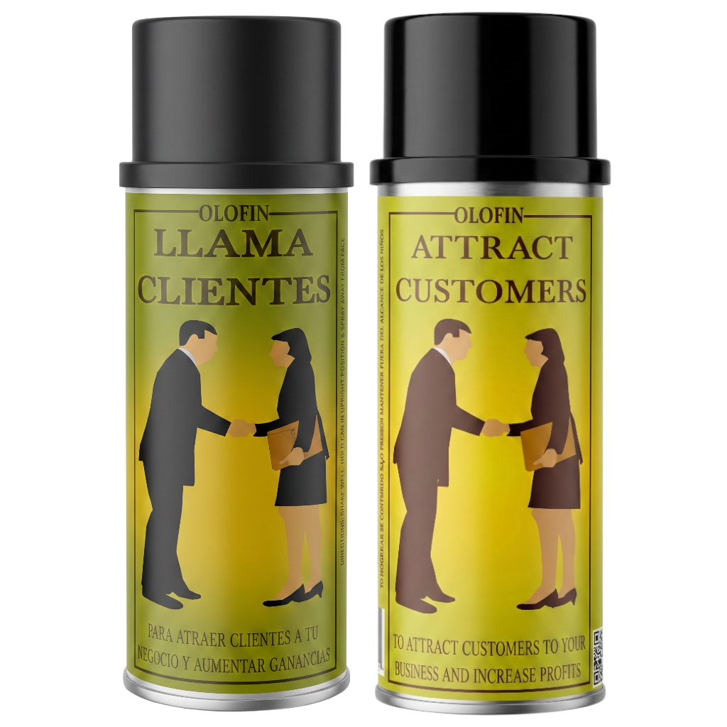 Two silver spray cans with black caps on a white background. The labels are yellow with black text reading 'OLOFIN LLAMA CLIENTES' and 'OLOFIN ATTRACT CUSTOMERS', plus a dark illustration of a man and woman shaking hands.