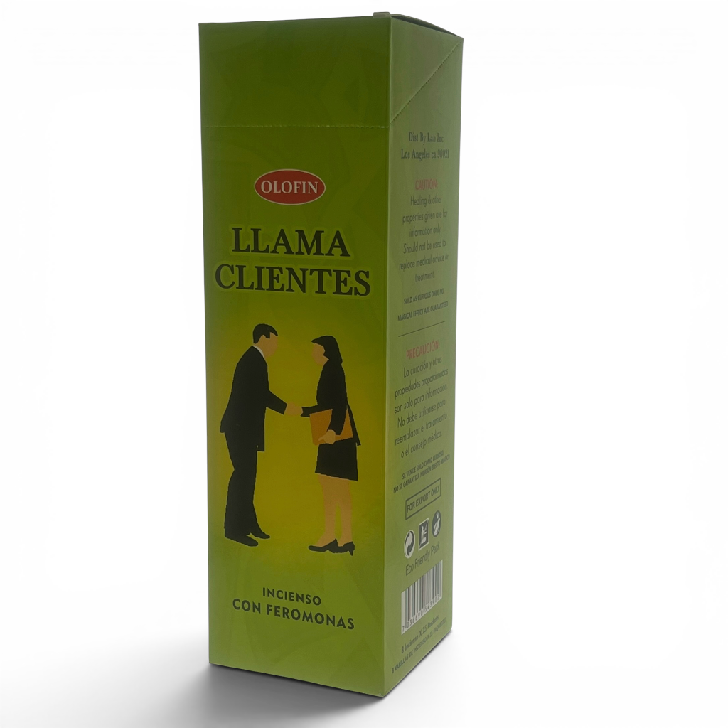 A green rectangular box of Olofin Llama Clientes incense, featuring a yellow-green front panel with a handshake illustration and product details in Spanish.