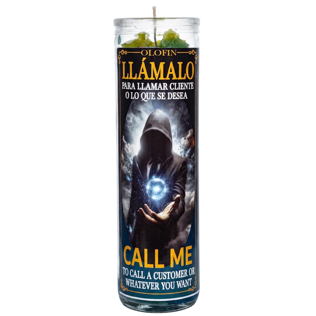 A tall glass jar candle with a printed label featuring a hooded figure holding a glowing blue orb. The label reads 'OLOFIN ILAMALO' and 'CALL ME' in yellow and white text, with green wax visible at the top.