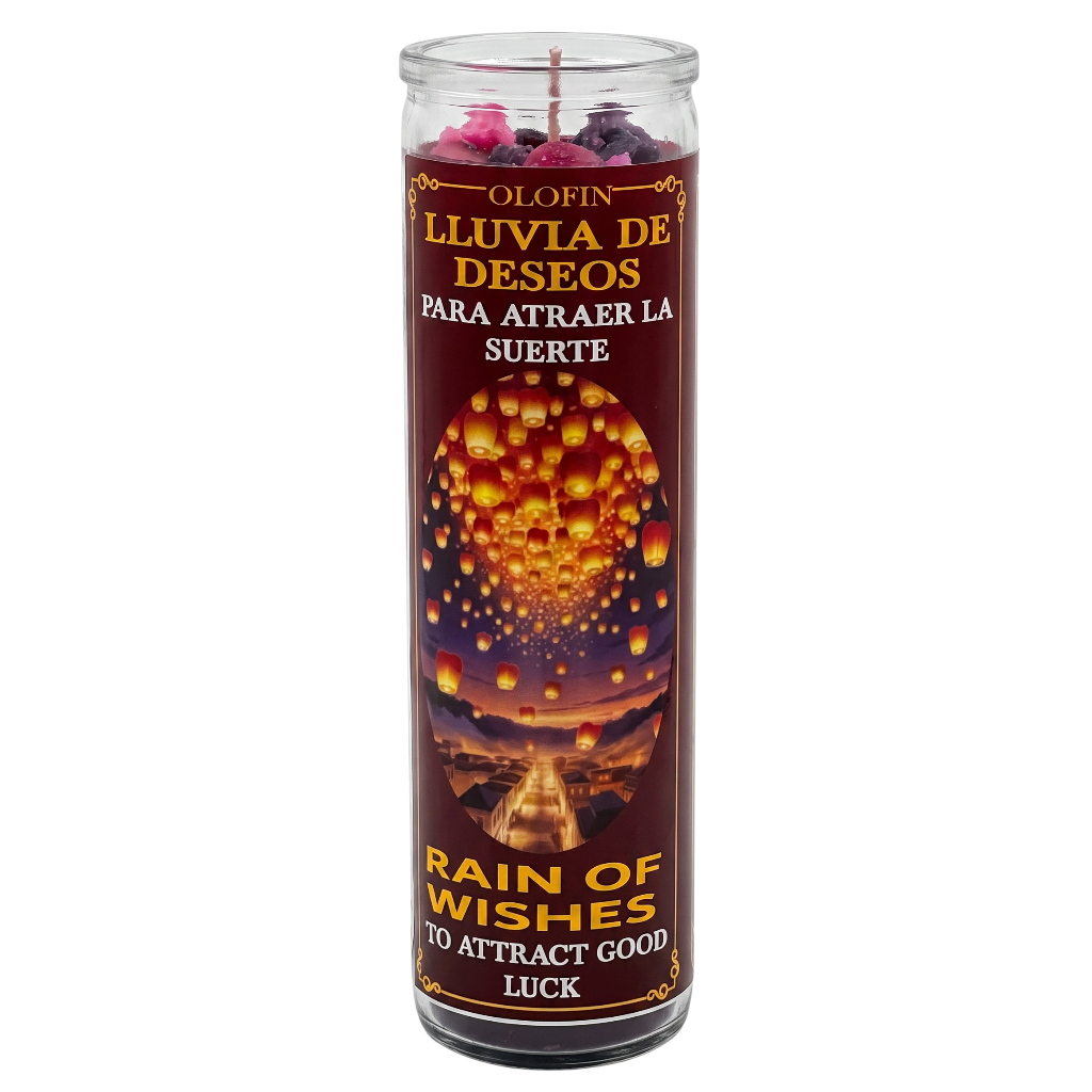 A tall glass jar candle with a dark brown label featuring the text 'OLOFIN LLUVIA DE DISEOS PARA ATRAER LA SUERTE' and 'RAIN OF WISHES TO ATTRACT GOOD LUCK', with a glowing lantern illustration and pink flower petals visible at the top.