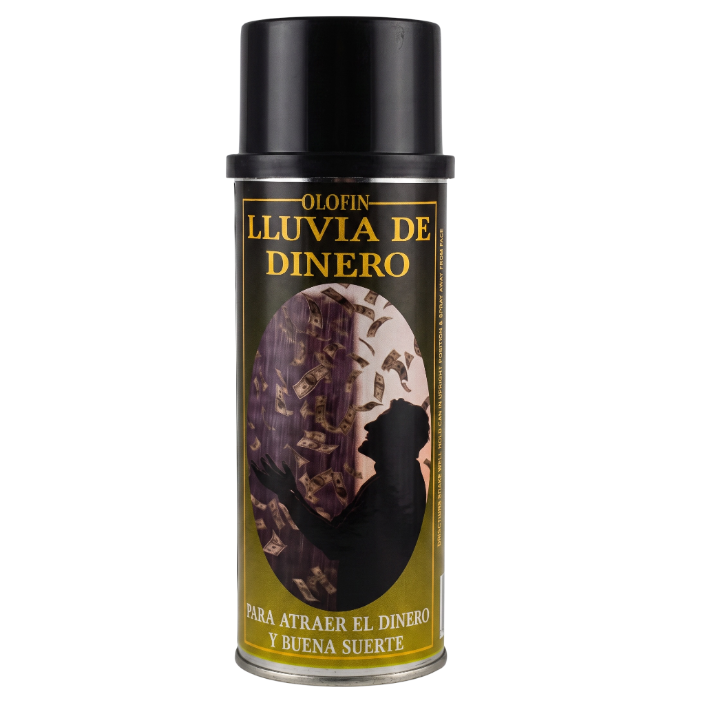 A can of Olofin 'Luvia de Dinero' (Money Rain) spray paint. The product is a cylindrical aerosol can with a black cap and a label featuring gold lettering, a black silhouette of a person, and a pile of cash.