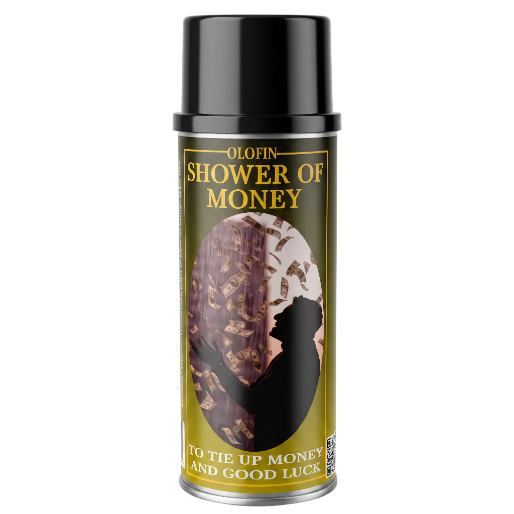 A cylindrical can of Olofin 'Shower of Money' spray, featuring a black cap and a gold-colored label with a central graphic of a person silhouette against a background of falling banknotes.