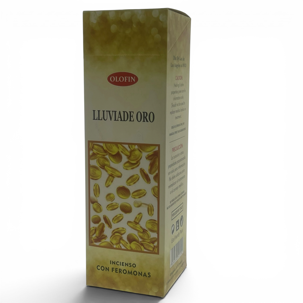 A tall rectangular box of Olofin 'LLuviade Oro' incense with pheromones, featuring a gold and beige design with an illustration of gold coins on the front, set against a plain white background.