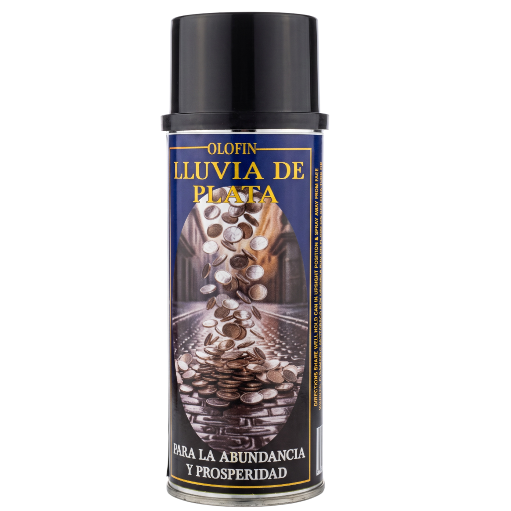 A can of Olofin 'Luuvia de Plata' (Silver Rain) spray, featuring a black cap and a dark blue label with gold lettering and an illustration of silver coins.
