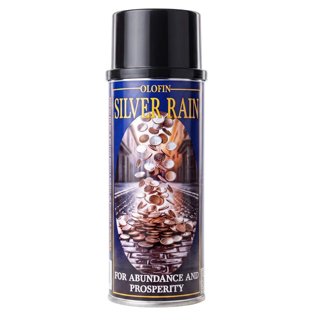 A can of Olofin Silver Rain spray, featuring a black cap and a dark blue label with gold lettering and an illustration of silver coins pouring down.