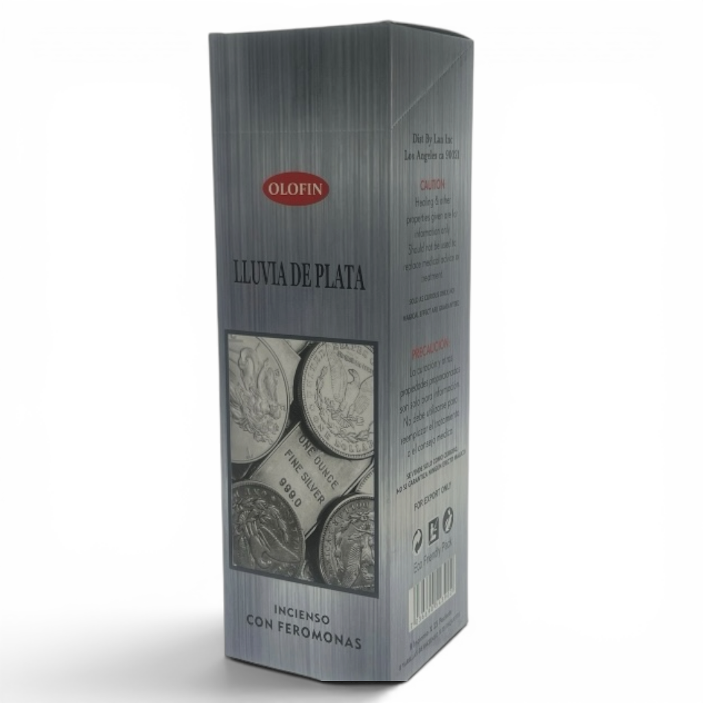 A tall rectangular silver-gray box for Olofin 'Iscenio con feromonas' (pheromone incense) labeled 'Lluvia de Plata' (Silver Rain). The packaging features a brushed metal texture, a red Olofin logo, and a graphic showing several silver coins.