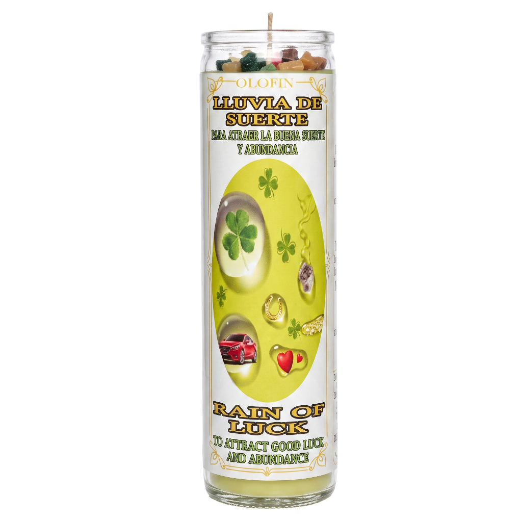 A tall glass jar candle labeled 'Luvia de Suerte' and 'Rain of Luck' with shamrock and luck-themed graphics on a white background.