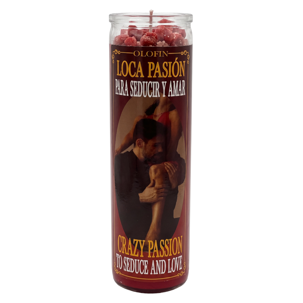 A tall glass jar candle with a red and dark brown label featuring a passionate couple and Spanish text reading 'LOCA PASIÓN PARA SEDUCIR Y AMAR' and 'CRAZY PASSION TO SEDUCE AND LOVE.'.