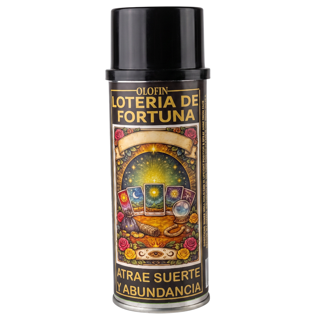 A black aerosol can of Olofin 'Loteria de Fortuna' spray with a colorful, mystical Spanish label featuring tarot cards, a crystal ball, and gold text.