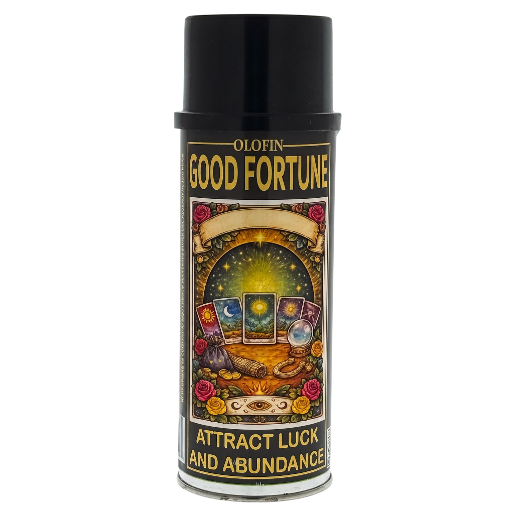 A black cylindrical canister of Olofin Good Fortune spray, featuring a colorful label with tarot cards, gold coins, and the text 'GOOD FORTUNE' and 'ATTRACT LUCK AND ABUNDANCE' on a white background.