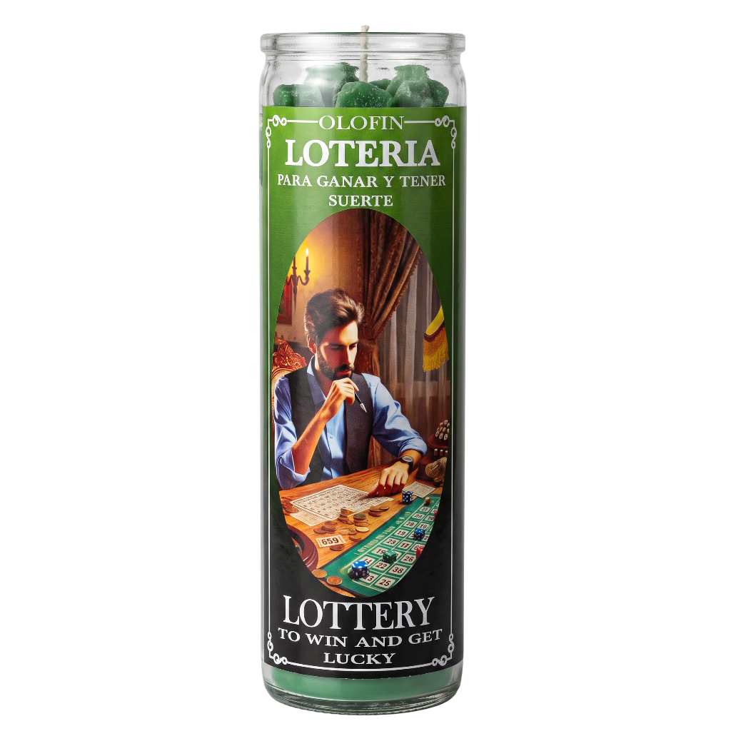 A tall glass prayer candle with a green and black label reading 'OLOFIN LOTERIA PARA GANAR Y TENER SUERTE' and 'LOTTERY TO WIN AND GET LUCKY,' featuring an illustrated man at a game table.