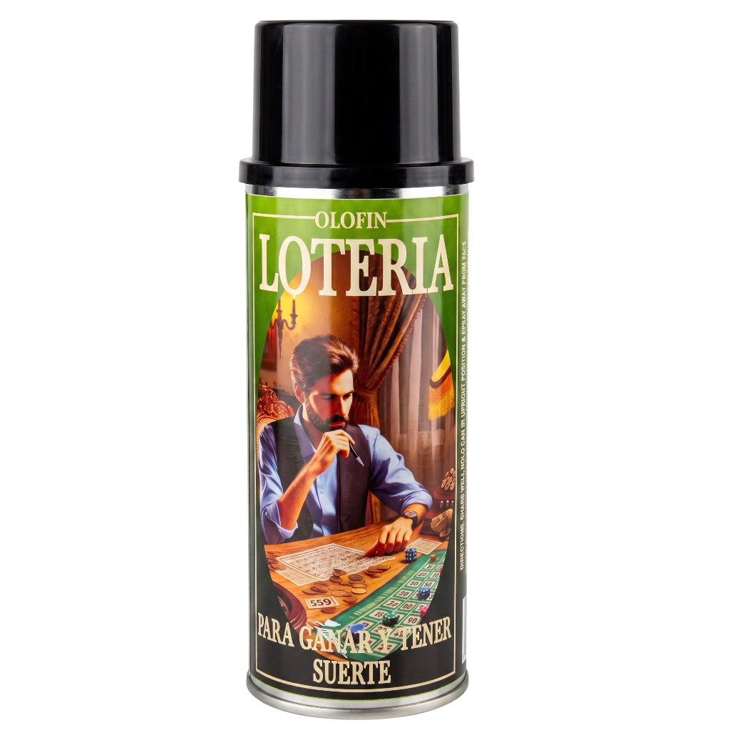 A can of Olofin Loteria spray paint with a black cap and a green label featuring an illustration of a man at a game table.