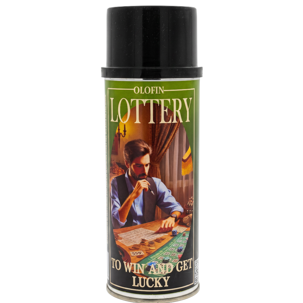 A can of Olofin Lottery spray paint with a black cap and a label featuring a vintage illustration of a man at a lottery table, on a white background.