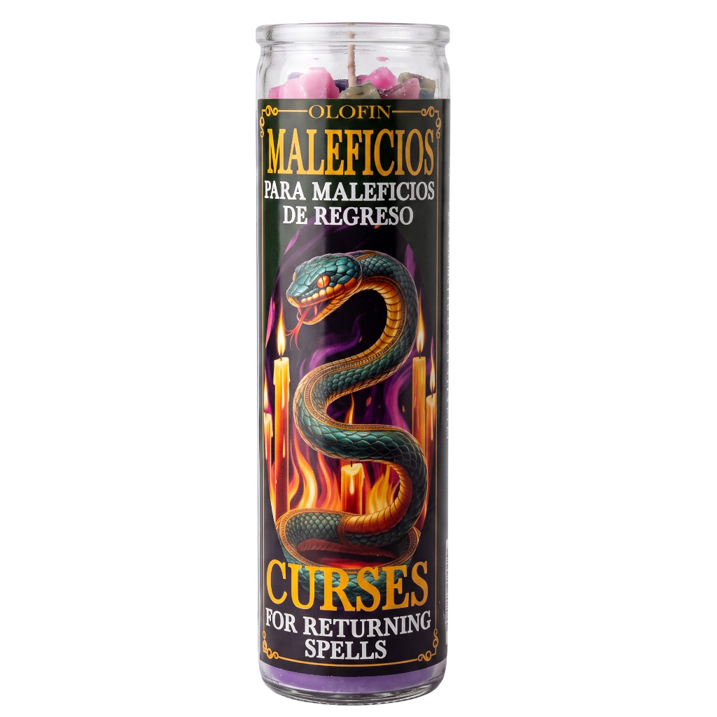 A tall glass jar candle labeled 'Olofin Maleficios Curses for Returning Spells' with a black label featuring a coiled green snake over flames and pink rose petals visible at the top.