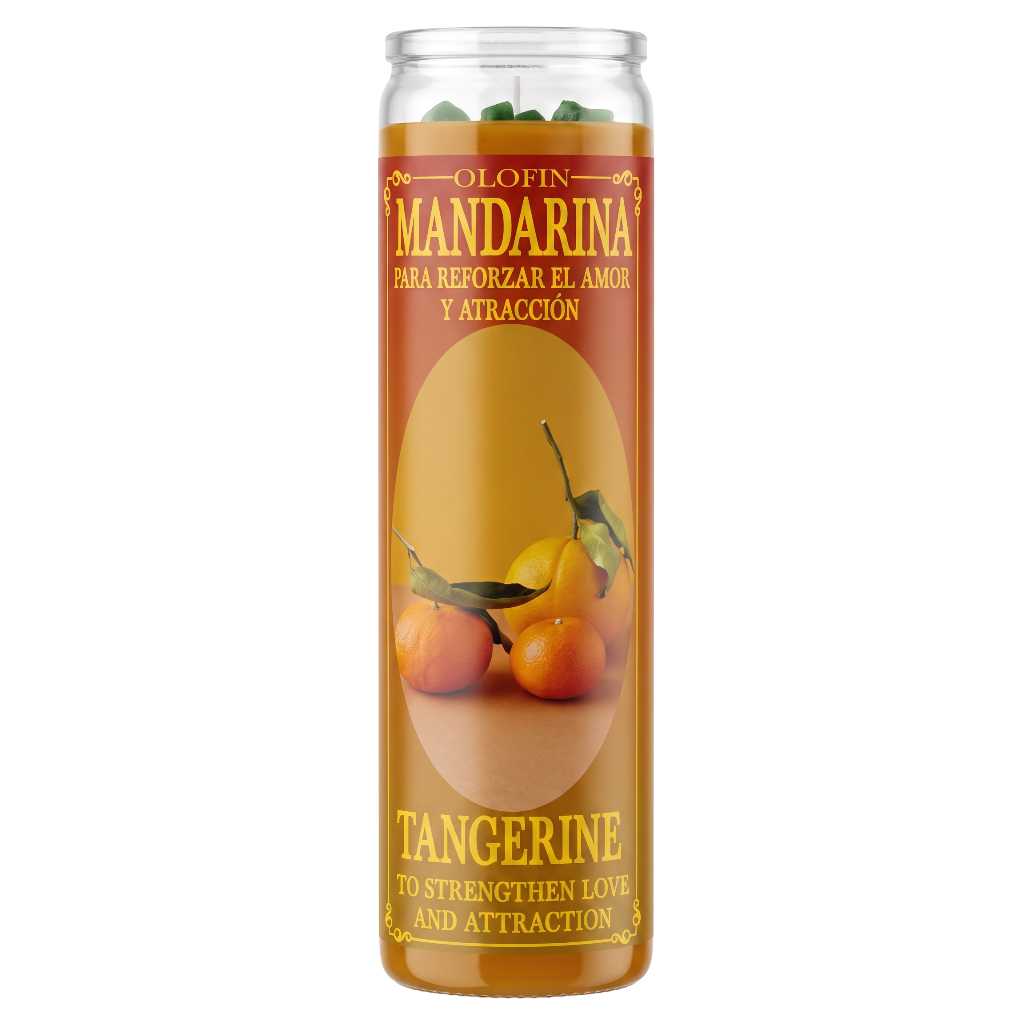 A tall glass prayer candle with a clear top and a warm orange-brown label featuring the text 'OLOFIN MANDARINA' and 'TANGERINE'. The label shows several tangerines and green leaves, with Spanish text reading 'Para reforzar el amor y atracción'.