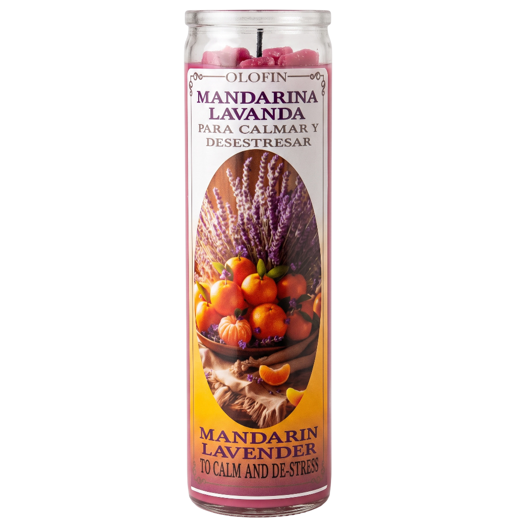 A tall glass jar candle labeled 'Olofin Mandarin Lavanda' with pink wax and a printed label showing mandarin oranges, lavender, and autumn leaves on a white background.