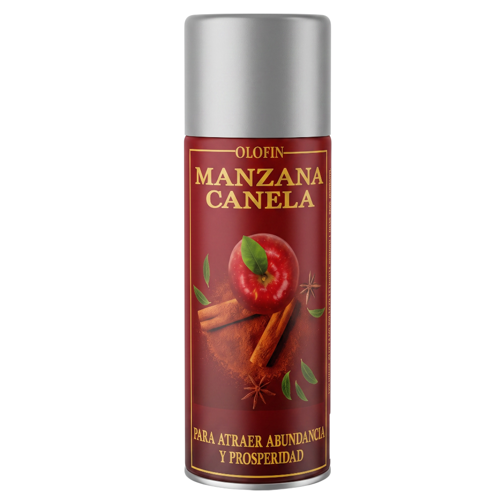 A single can of Olofin Manzana Canela home fragrance spray on a plain white background. The can features a metallic silver cap and a deep red label decorated with an apple, cinnamon sticks, and star anise, with gold lettering.