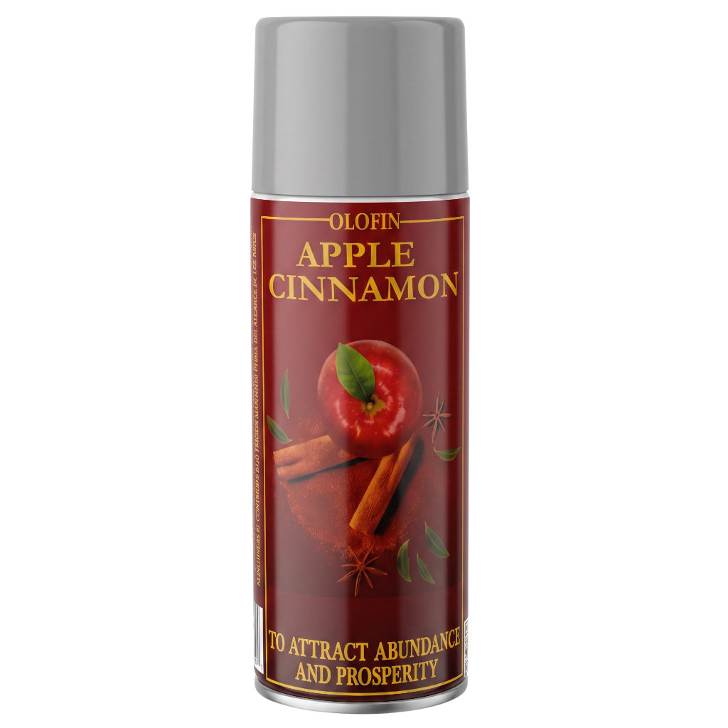 A can of Olofin Apple Cinnamon home spray with a dark red label featuring an apple and cinnamon illustration, and a gray cap, on a white background.
