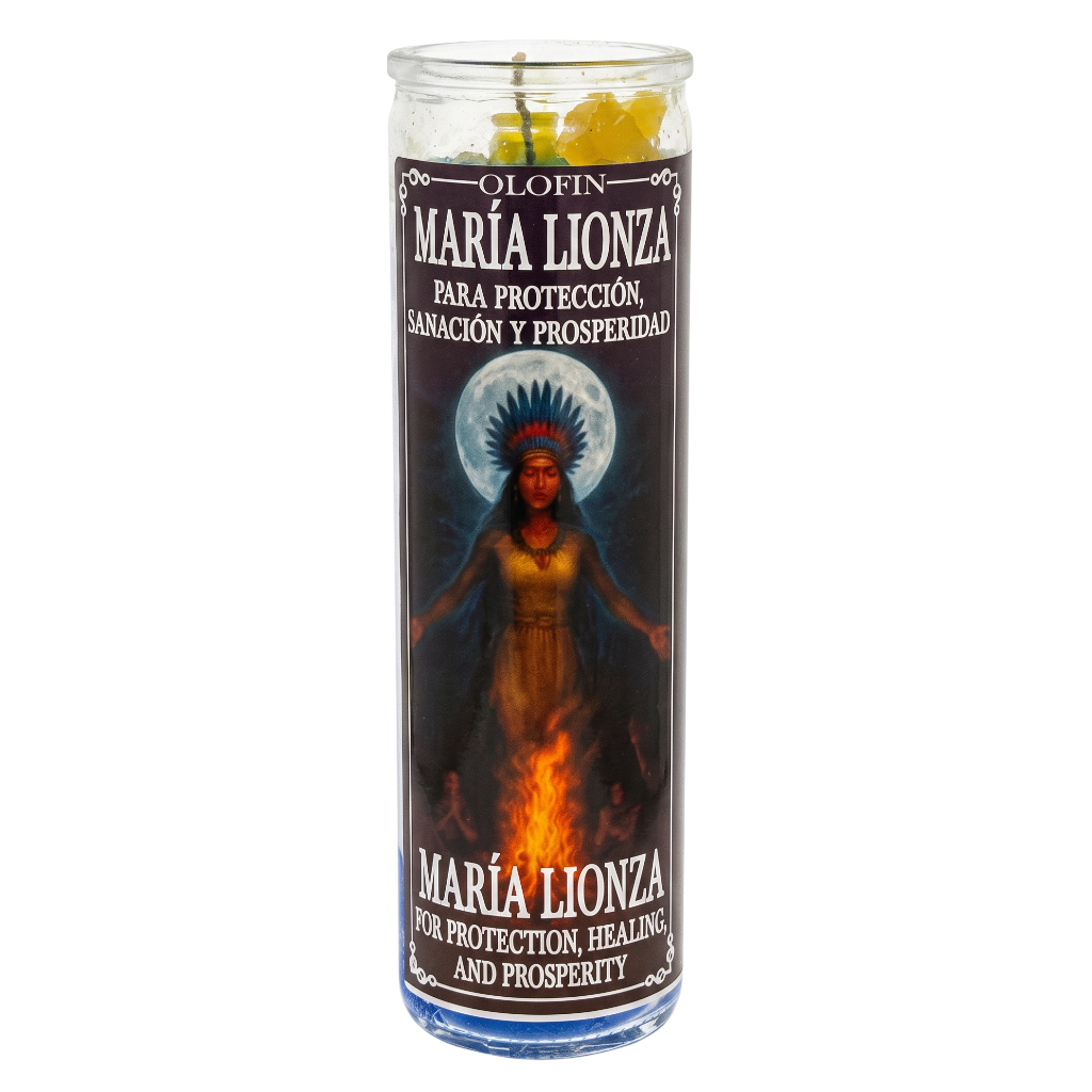 A tall glass jar candle labeled 'Olofin María Lionza' with a dark printed label showing a woman before a fire and moon, on a plain white background.