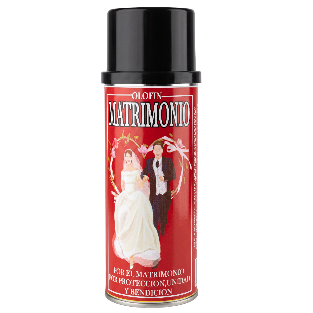 A can of Olofin Matrimonio wedding protection spray with a red label featuring a bride and groom illustration and a black cap, on a white background.