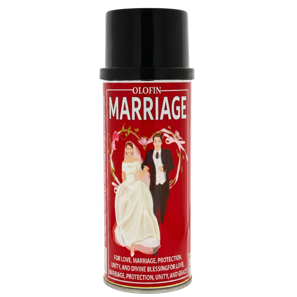 A can of Olofin Marriage protection spray with a black cap and a red label featuring a bride and groom illustration.
