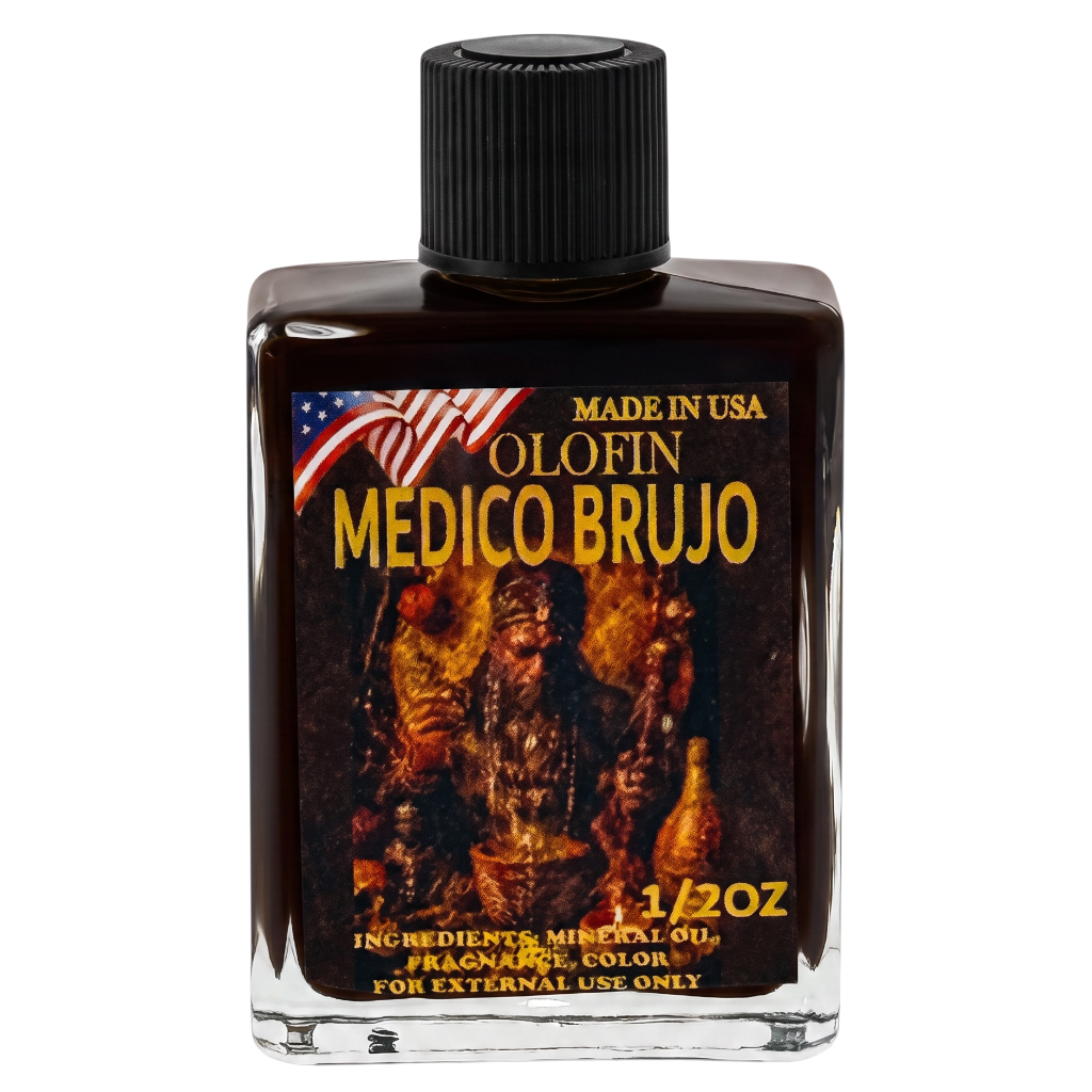 A bottle of Olofin Medico Brujo fragrance oil, 1/2 oz, featuring a black cap and a label with a dark gothic illustration and an American flag graphic.