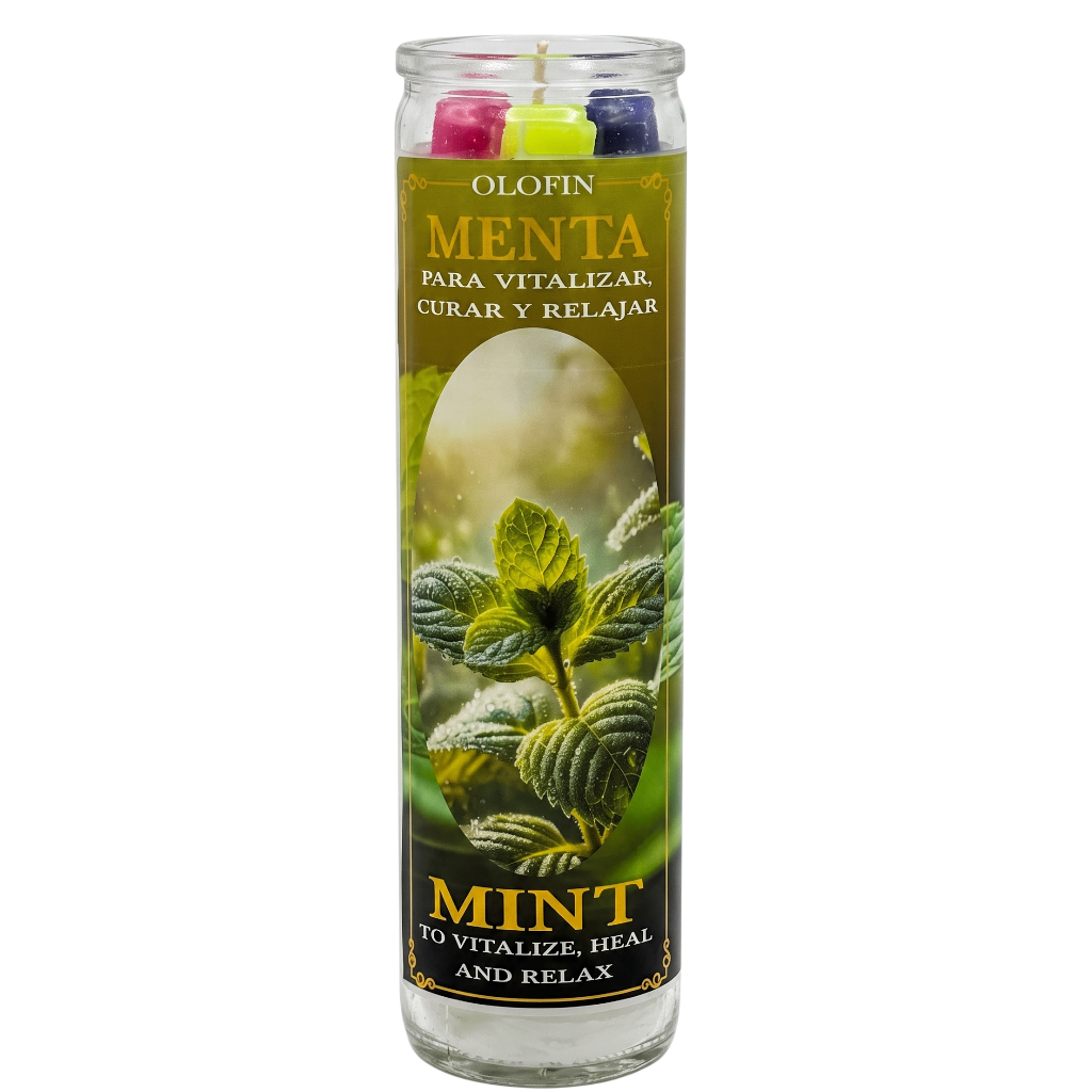 A tall glass jar candle labeled 'Olofin Menta' with a green and gold design featuring mint leaves, shown on a plain white background.