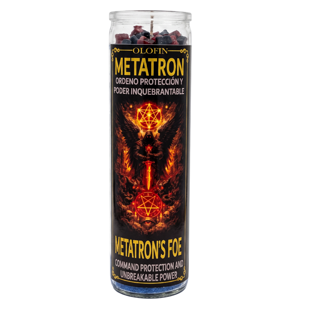 A tall glass prayer candle with a black label featuring fiery orange and red occult artwork and the text 'OLOFIN METATRON' and 'METATRON'S FOE'.